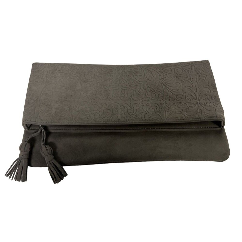 Gray Embossed Faux Leather Clutch With Tassel Accent & Zipper Pocket